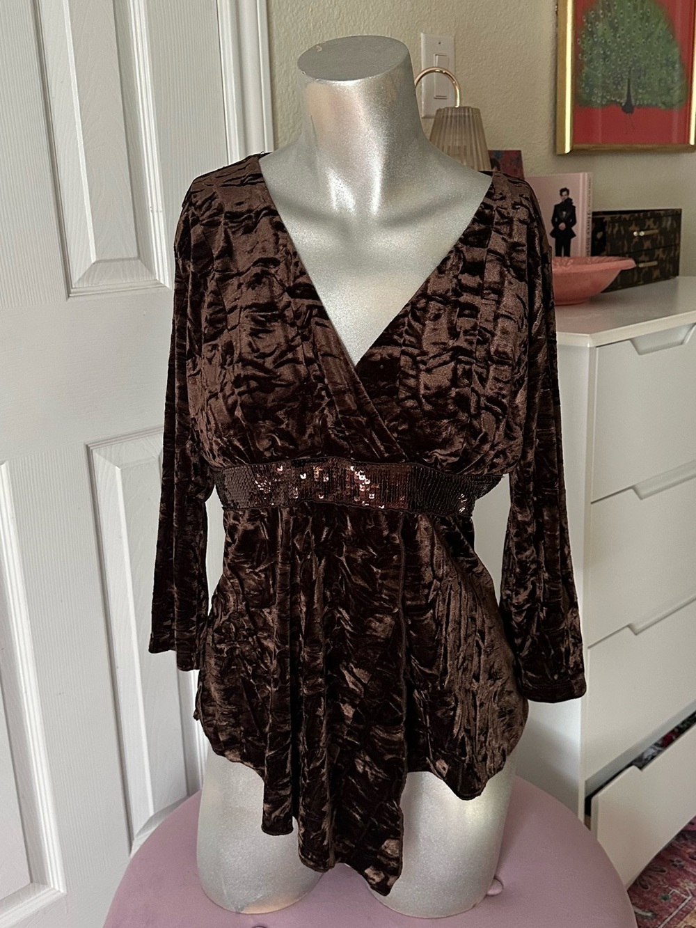 JTB Vintage Brown Velour Crushed Velvet Sequin Waist Asymmetrical Wrap Style Top